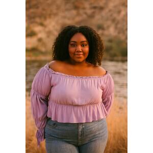 Eloquii Frill Trim Flounce Sleeve Off Shoulder Linen Look Top Purple Size 14